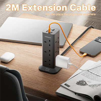 TESSAN Socket Tower 12 Ways Outlet Extension Plug with Multi Plugs used with a 2M extension cable in a modern workspace.