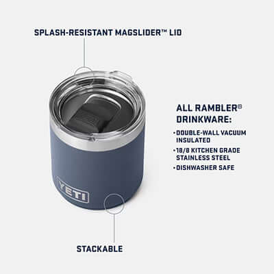 Yeti Rambler® 10 oz Stackable Lowball Cup with splas-resistant Magslider™ lid and double-wall vacuum insulation.