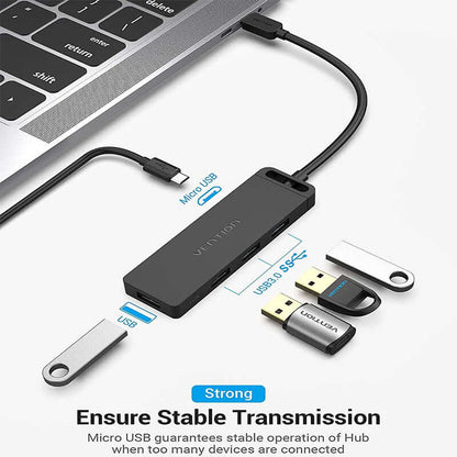 Vention 5-in-1 USB-C Hub with 4 USB Ports connected to a laptop, showcasing its versatile features.