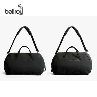 Bellroy Venture Duffel 40L showing two angles, sleek design ideal for corporate gift.