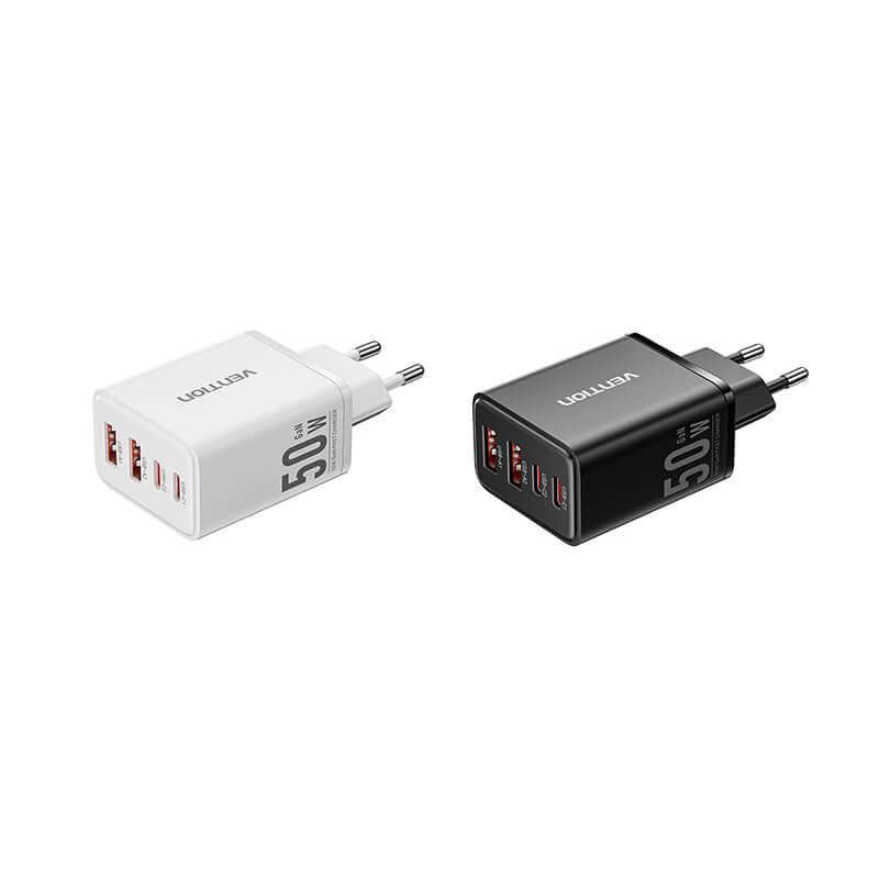 Vention 4-Port GaN Charger in black and white, showcasing fast charging capabilities for multiple devices.
