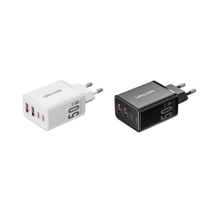 Vention 4-Port GaN Charger in black and white, showcasing fast charging capabilities for multiple devices.