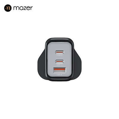 Mazer GaNPrestige 65W GaN Wall Charger (3 Ports) top view showing 2 USB-C and 1 USB-A ports.
