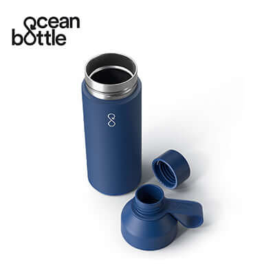Ocean Bottle Original Vacuum Bottle in blue with cap removed, an ideal corporate gift for hydration needs.
