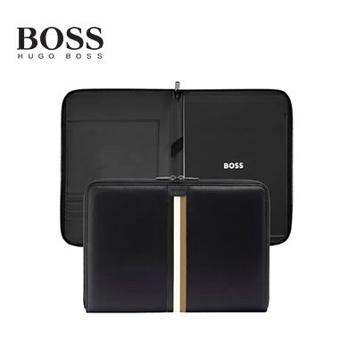 Hugo Boss Conference Folder Zip A4 Iconic Black - sleek design with embossed logo and elegant stripes, perfect for corporate gift.