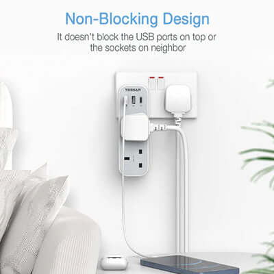 TESSAN Vertical Socket Extension Adaptor with 3 USB features non-blocking design for efficient charging.