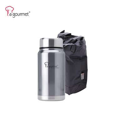 La Gourmet Sakura Plus 1.1L Thermal Cooker Pot With Pouch beside its carrying pouch, ideal corporate gift.
