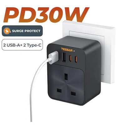 TESSAN PD30W Wall Plug Socket Extension Multi Charger with USB-A and USB-C ports for efficient charging.