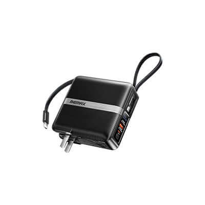 Remax CP-1 Powerbank with Wall Plug 15000mAh featuring dual fast charging and Type-C cable.