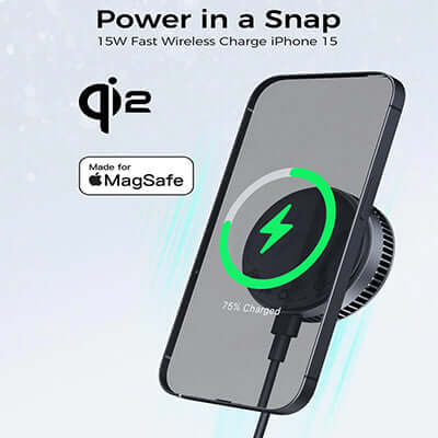 Aukey LC-G10 Qi2 Magnetic Fast Wireless Charging Active Cooling with Magnetic Ring charging iPhone 15 with snap feature.