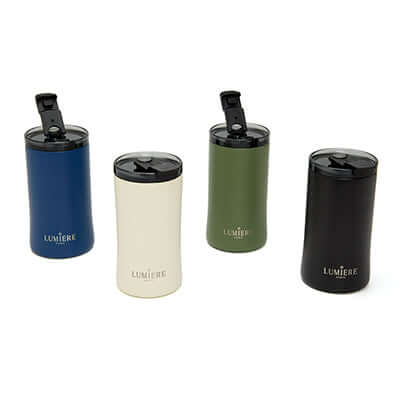 Lumiere Glamor Ceramic Insulated Mug 12oz in four colors, perfect as a corporate gift for outdoor adventures.