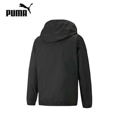 Puma Team Liga All Weather Jacket in black, showcasing back view and hood, ideal for corporate gift.