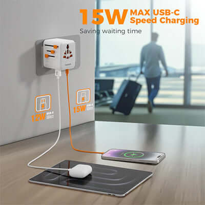TESSAN 28W Travel Adapter with 2 USB A & 3 C Ports charging a phone and tablet at an airport.