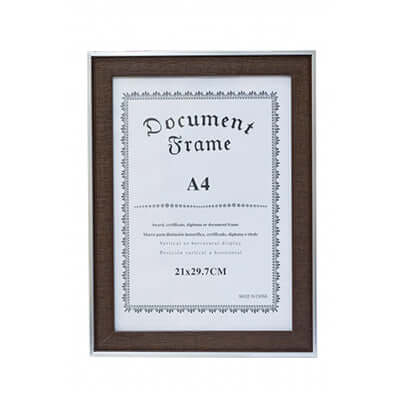 Brown A4 Certificate Frame showcasing a document with elegant design and modern decor, perfect for corporate gift.