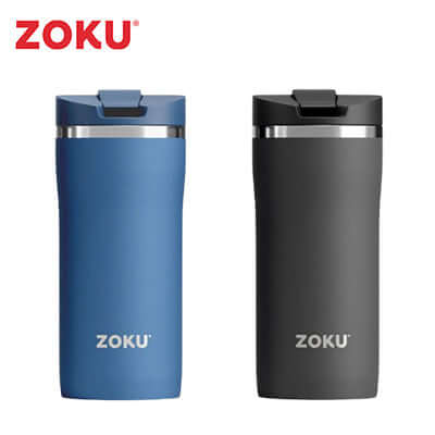 Zoku 12oz Stainless Steel Travel Mug in blue and black, ideal for corporate gifts and beverage lovers.