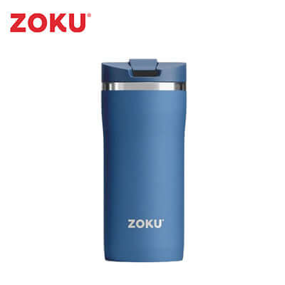 Zoku 12oz Stainless Steel Travel Mug in blue color, perfect for corporate gift and beverage enthusiasts.