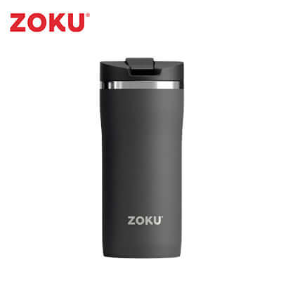 Zoku 12oz Stainless Steel Travel Mug in sleek black, perfect for corporate gift and keeping drinks at ideal temperature.
