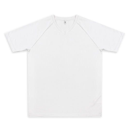 Custom Active V-Neck T-Shirt in white, featuring V-neck and raglan sleeves, perfect for corporate gifts.