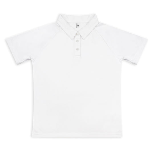 Custom Active Polo in white with raglan sleeves and three-button placket, perfect for corporate gifts.