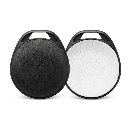 HangFindy Bluetooth Tracker in black and white, stylish design for bags, keys, and accessories, ideal corporate gift.