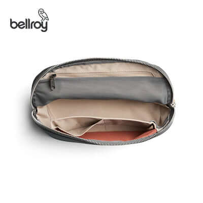 Inside view of Bellroy Desk Caddy showing organized compartments for tech and desk essentials.