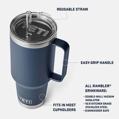 Yeti Rambler® 42 Oz Mug With Straw Lid features easy-grip handle and reusable straw, perfect for on-the-go hydration.