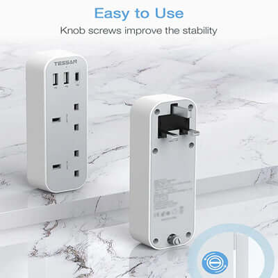 TESSAN Vertical Socket Extension Adaptor with 3 USB showcasing easy-to-use design and improved stability features.
