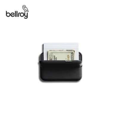 Bellroy Flip Case (Second Edition) displaying cash and cards in a sleek black design, perfect for a corporate gift.