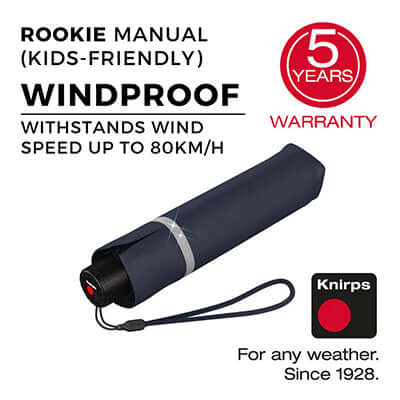 Knirps Rookie Manual Reflective Umbrella, windproof, kids-friendly, withstands up to 80km/h, perfect for any weather.