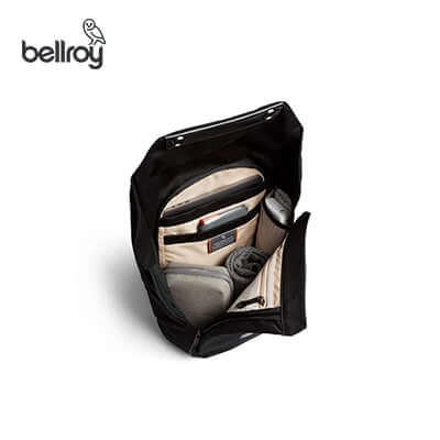 Interior view of the Bellroy Melbourne Backpack Compact showcasing organized compartments for business essentials.