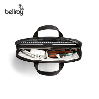 Bellroy Tokyo Laptop Bag 14" opened view with organized interior for documents and accessories.