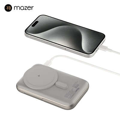 Mazer MagAir17 10,000mAh Magnetic Wireless Power Bank Qi2 Certified 15W charging an iPhone.