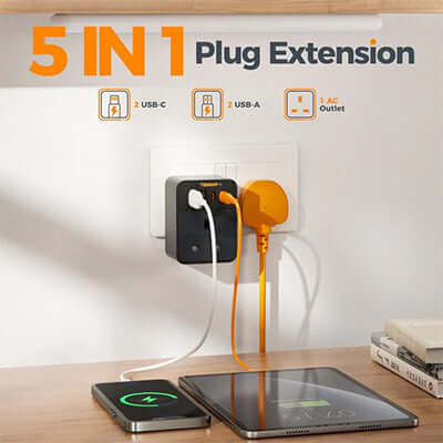 TESSAN PD30W Wall Plug Socket Extension Multi Charger with 5 ports, including 2 USB-C, 2 USB-A, and 1 AC outlet.