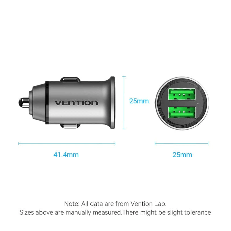 Vention Car Charger 18W design showing dual USB ports for quick charging on-the-go.