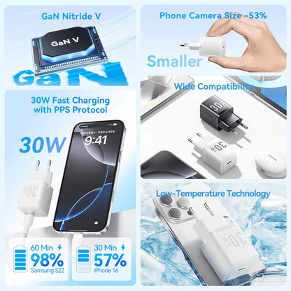 Vention 1-Port USB-C GaN Charger 30W showcasing fast charging, GaN technology, and compact design.