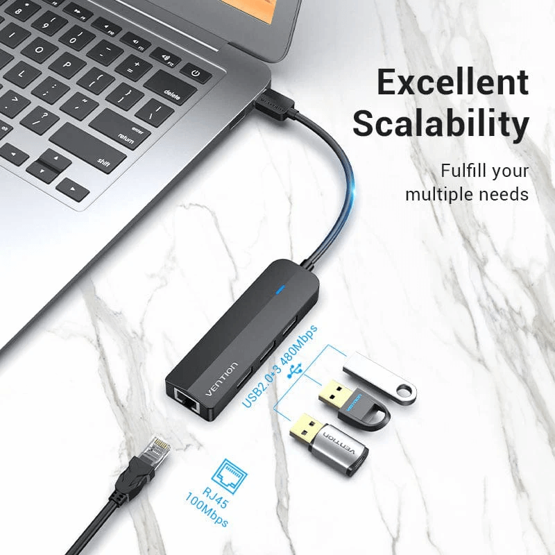 Vention 5-in-1 USB 2.0 Hub connected to a laptop, showcasing excellent scalability for versatile connectivity.