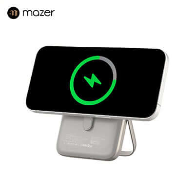 Mazer MagAir17 10,000mAh Magnetic Wireless Power Bank Qi2 Certified 15W on display with charging indicator.