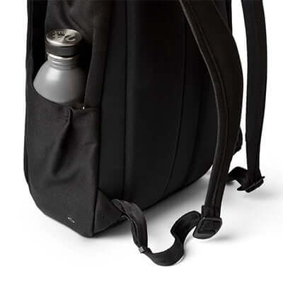 Bellroy Melbourne Backpack Compact side pocket with a water bottle, perfect for urban professionals and corporate gifts.