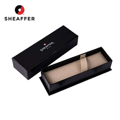Sheaffer® Glossy Black Ballpoint Pen With Gold-tone Trim box open showcasing elegant packaging for a corporate gift.