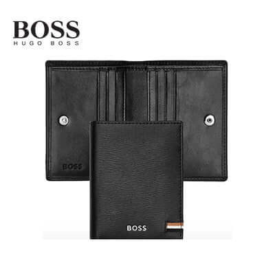 Hugo Boss Folding Card Holder Iconic Black with logo, featuring multiple compartments and tricolored textile flag.