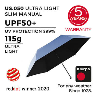 Knirps US.050 Ultraslim Manual Umbrella (UV Protection) showcasing ultra-light design and UPF50+ UV protection features.