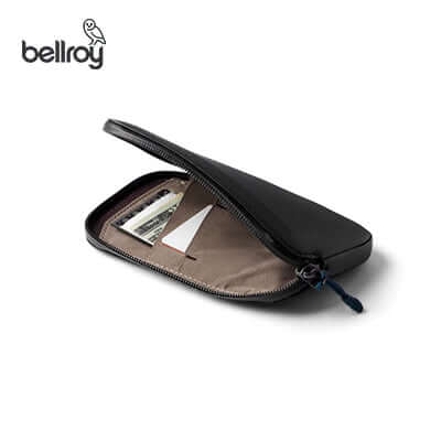 Bellroy All Conditions Phone Pocket Leather open showing card and bill compartments, ideal for corporate gift.
