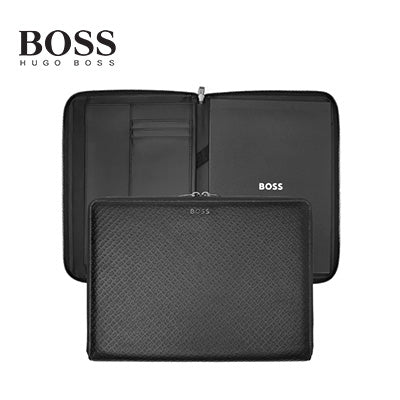Hugo Boss Conference Folder Zip A4 Monogram Zipped in black with embossed pattern and BOSS logo, perfect corporate gift.