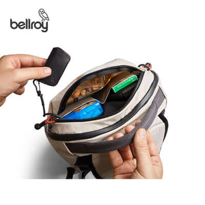 Interior organization of the Bellroy Lite Ready Backpack with access to pockets for travel essentials.