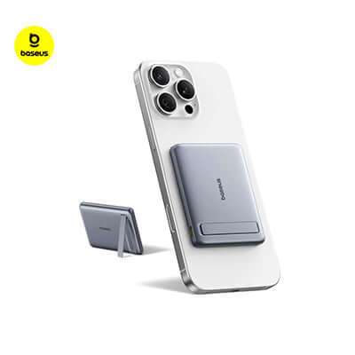 Baseus PicoGo AM31 Mini Magnetic Power Bank with Stand 5000mAh 20W attached to smartphone.
