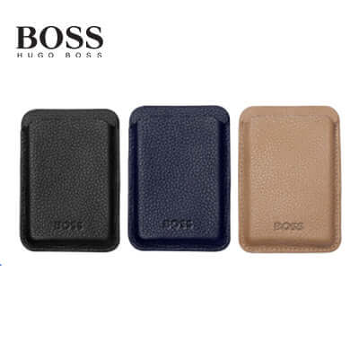 Hugo Boss Magnet Mobile Card Holder Classic in black, blue, and beige leather options, perfect as a corporate gift.