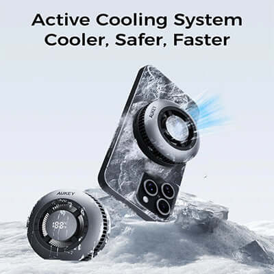 Aukey LC-G10 Qi2 Magnetic Fast Wireless Charging Active Cooling with Magnetic Ring, showcasing active cooling system for fast charging.