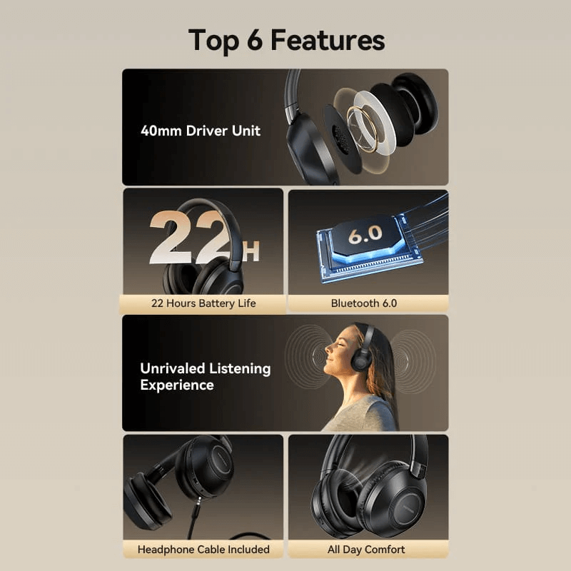 Vention Wireless On-Ear Headphones SoundMate features 40mm drivers, 22 hours battery, Bluetooth 6.0, all-day comfort.