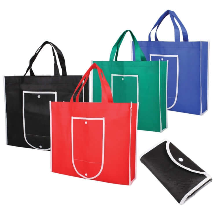 Foldable Non Woven Bag in black, green, red, and blue colors for versatile everyday use as a corporate gift.