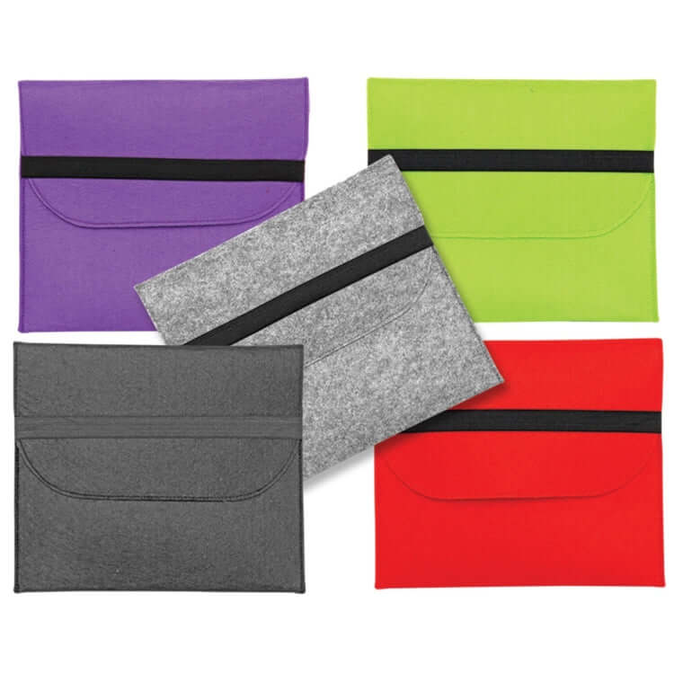 Felt Folder with Elastic Band in assorted colors: purple, green, grey, red, and black for stylish document organization.